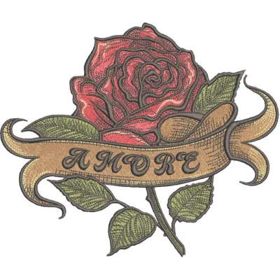 Rose with amore ribbon embroidery design showcasing intricate floral details, perfect for embellishing various fabrics.