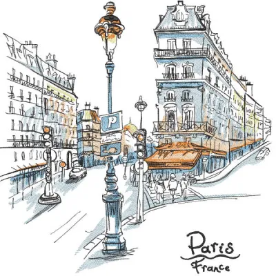 Embroidery design featuring a charming Paris street scene, ideal for stitching on tote bags and home decor.