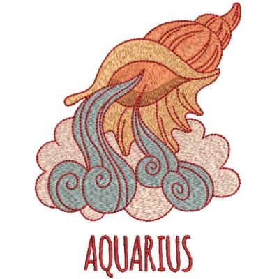 Aquarius zodiac sign embroidery design featuring intricate stitch patterns, ideal for t-shirts and tote bags.