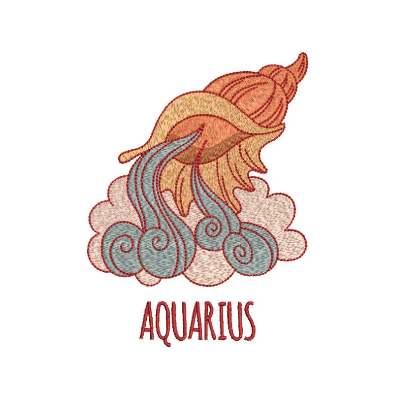 Aquarius zodiac sign embroidery design featuring intricate stitch patterns, ideal for t-shirts and tote bags.