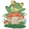Frog among mushrooms embroidery design preview showcasing a whimsical nature-themed stitched motif.