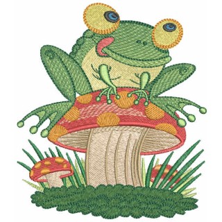 Frog among mushrooms embroidery design - Embroidery Design