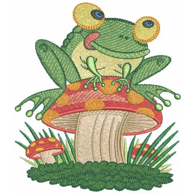 Frog among mushrooms embroidery design preview showcasing a whimsical nature-themed stitched motif.