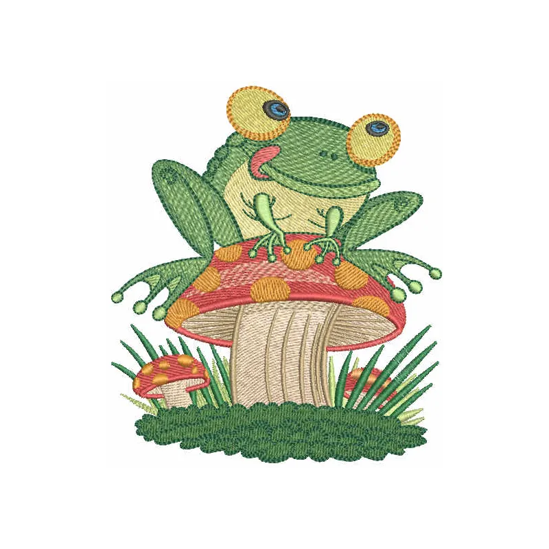 Frog among mushrooms embroidery design preview showcasing a whimsical nature-themed stitched motif.