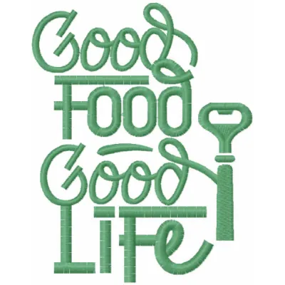 Good Food Good Life embroidery design showcasing a kitchen-themed stitched motif for home decor.