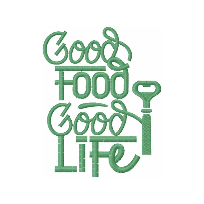 Good Food Good Life embroidery design showcasing a kitchen-themed stitched motif for home decor.