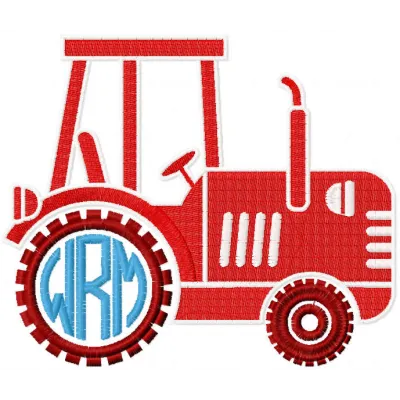 Embroidery design of a red tractor featuring a customizable monogram, ideal for transport-themed projects.