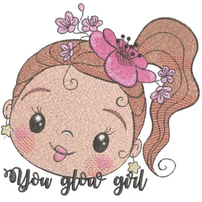 You glow girl embroidery design preview featuring vibrant stitching patterns for girls and women.