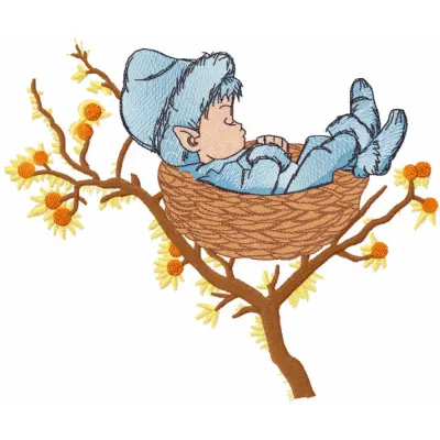 Embroidery design featuring a boy peacefully sleeping in a nest, ideal for baby garments and decor.