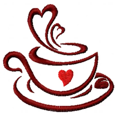 Cup coffee love embroidery design showcasing a cozy kitchen theme, perfect for embellishing kitchen towels or aprons.