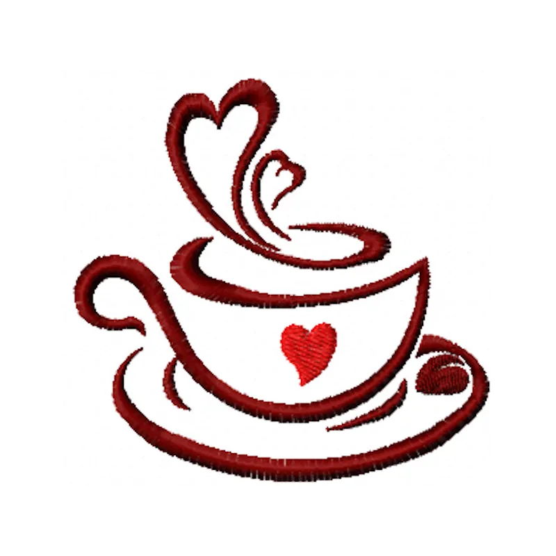 Cup coffee love embroidery design showcasing a cozy kitchen theme, perfect for embellishing kitchen towels or aprons.