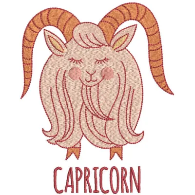 Capricorn zodiac sign embroidery design featuring a detailed stitched motif, ideal for personalizing items.