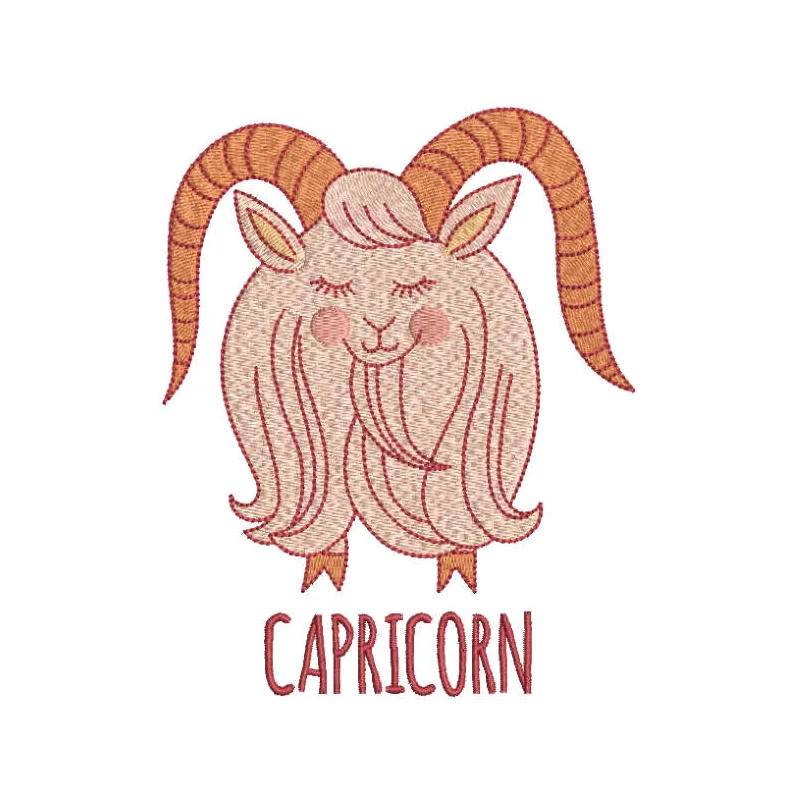 Capricorn zodiac sign embroidery design featuring a detailed stitched motif, ideal for personalizing items.