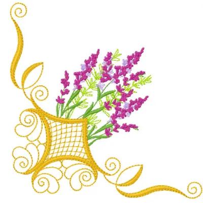 Lavender corner embroidery design showcasing floral motifs, ideal for embellishing home textiles and apparel.