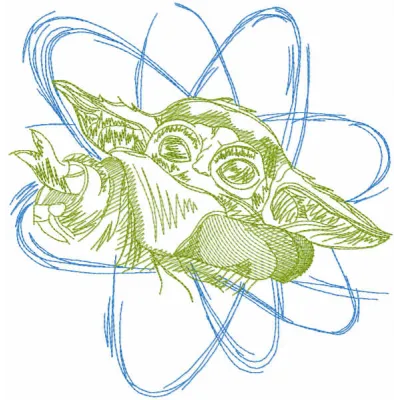 Yoda sketch style embroidery design featuring a whimsical outline of the beloved Star Wars character.