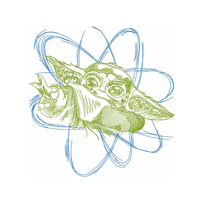 Yoda sketch style embroidery design featuring a whimsical outline of the beloved Star Wars character.