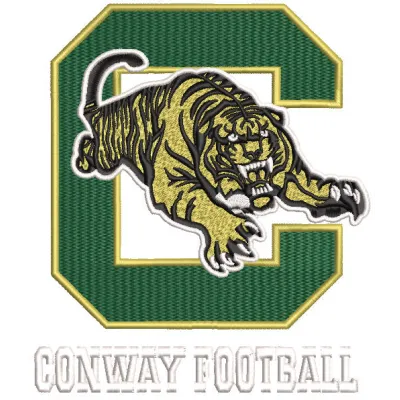 Conway football logo embroidery design showcasing a dynamic stitched motif for sports apparel and accessories.