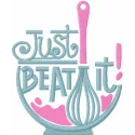 Preview of the Just Beat It embroidery design featuring playful kitchen motifs for cooking enthusiasts.