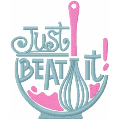 Preview of the Just Beat It embroidery design featuring playful kitchen motifs for cooking enthusiasts.