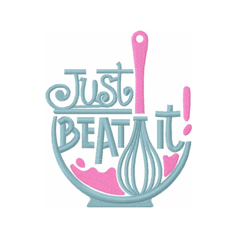 Preview of the Just Beat It embroidery design featuring playful kitchen motifs for cooking enthusiasts.