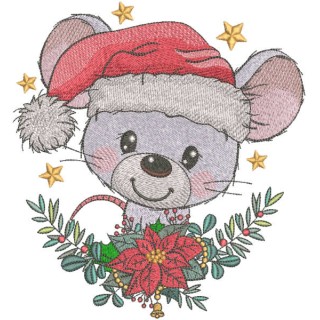 Santa Mouse with christmas wreath embroidery design - Embroidery Design
