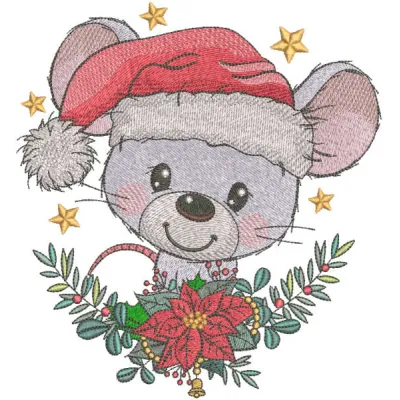 Santa Mouse holding a Christmas wreath embroidery design, perfect for festive holiday projects.