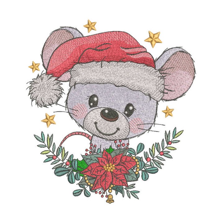 Santa Mouse with christmas wreath embroidery design - Embroidery Design