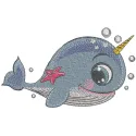 Cute whale unicorn embroidery design featuring a whimsical and playful motif for nautical-themed projects.