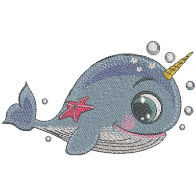 Cute whale unicorn embroidery design featuring a whimsical and playful motif for nautical-themed projects.