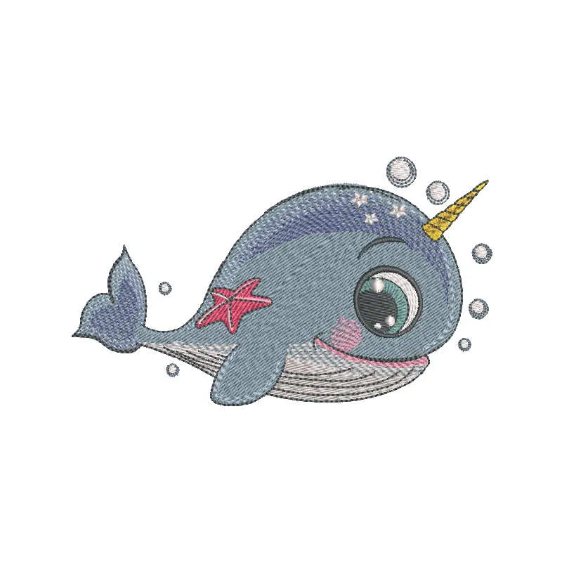 Cute whale unicorn embroidery design featuring a whimsical and playful motif for nautical-themed projects.