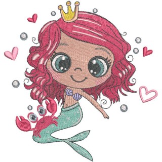 Princess mermaid with crab embroidery design - Embroidery Design