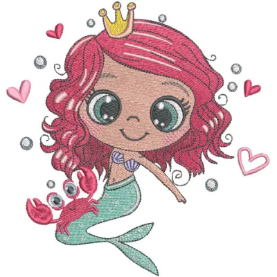 Embroidery design featuring a princess mermaid with a crab, perfect for crafting on t-shirts and baby onesies.