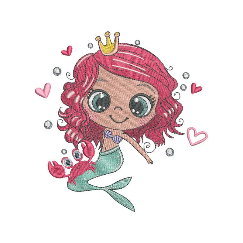 Embroidery design featuring a princess mermaid with a crab, perfect for crafting on t-shirts and baby onesies.