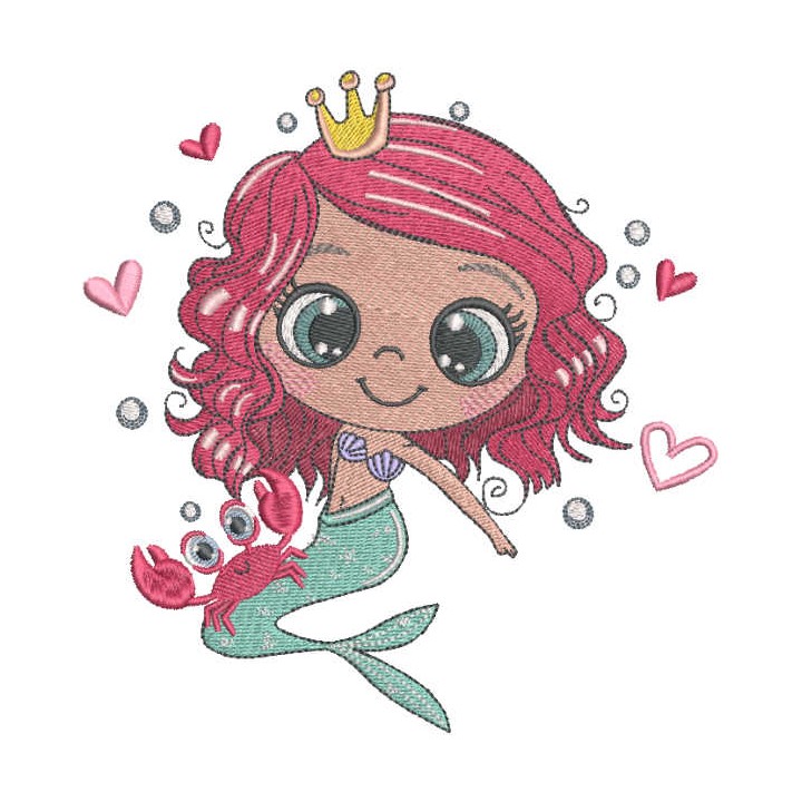 Princess mermaid with crab embroidery design - Embroidery Design
