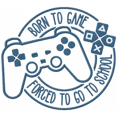 Born to game, forced to go to school embroidery design featuring playful gaming motifs for t-shirts or hoodies.
