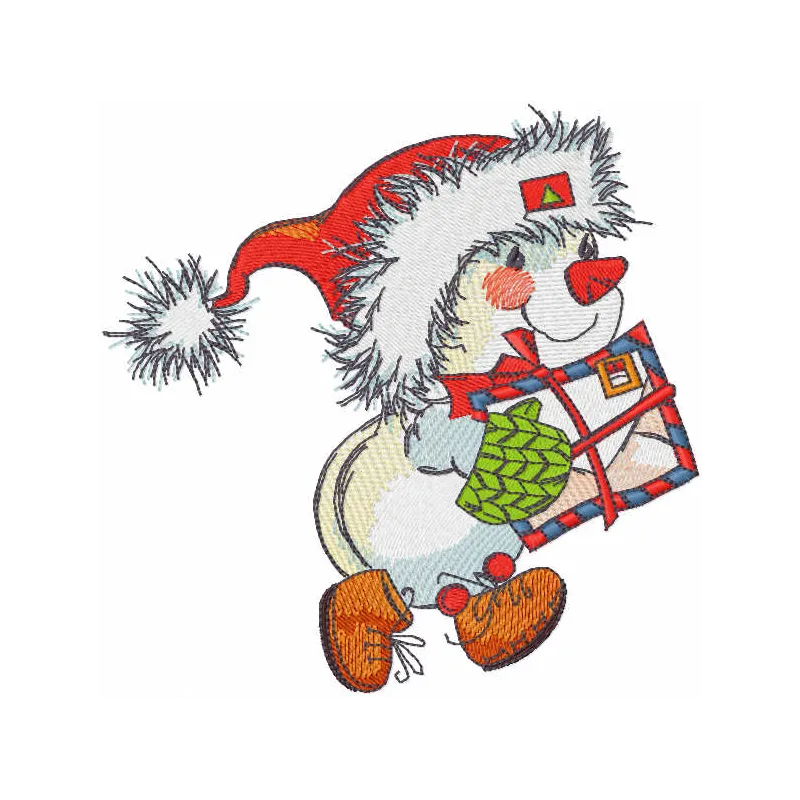 Embroidery design of a cheerful snowman holding a festive Christmas letter, ideal for seasonal stitching projects.