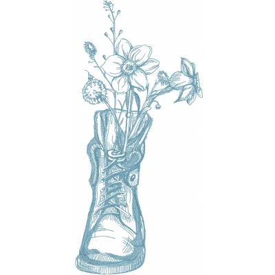Embroidery design featuring a whimsical garden growing in an old shoe, perfect for summer projects.