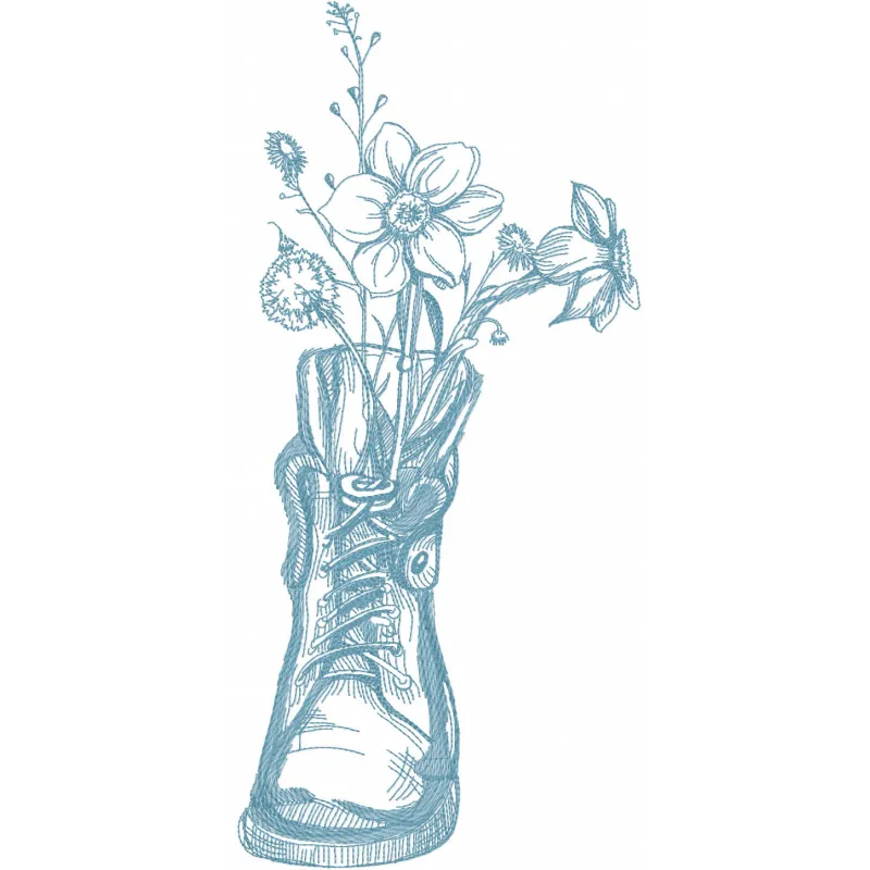 Embroidery design featuring a whimsical garden growing in an old shoe, perfect for summer projects.