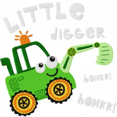 Little digger honkk honkk embroidery design showcasing a playful construction theme for baby items.