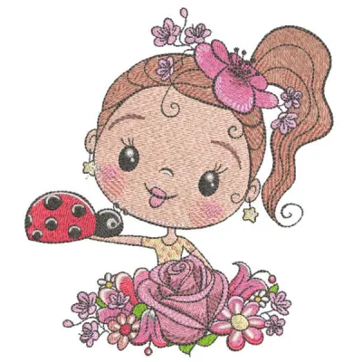 Embroidery design featuring a lady rose with a ladybug, perfect for embellishing apparel and accessories.