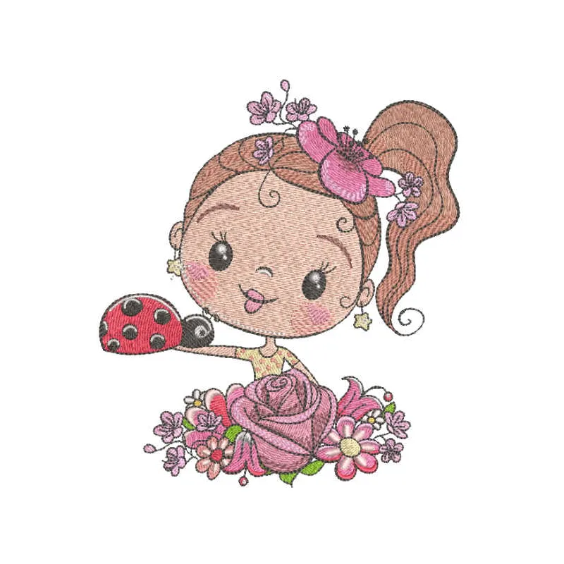 Embroidery design featuring a lady rose with a ladybug, perfect for embellishing apparel and accessories.