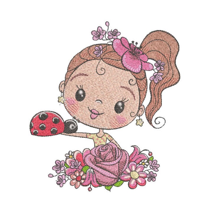 Lady rose with  ladybug embroidery design - Embroidery Design