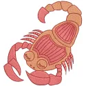 Vibrant red scorpion embroidery design showcased on a fabric background, perfect for insect-themed projects.
