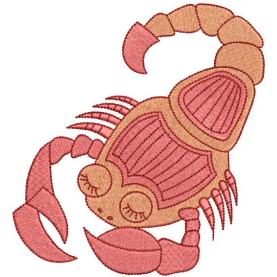 Vibrant red scorpion embroidery design showcased on a fabric background, perfect for insect-themed projects.