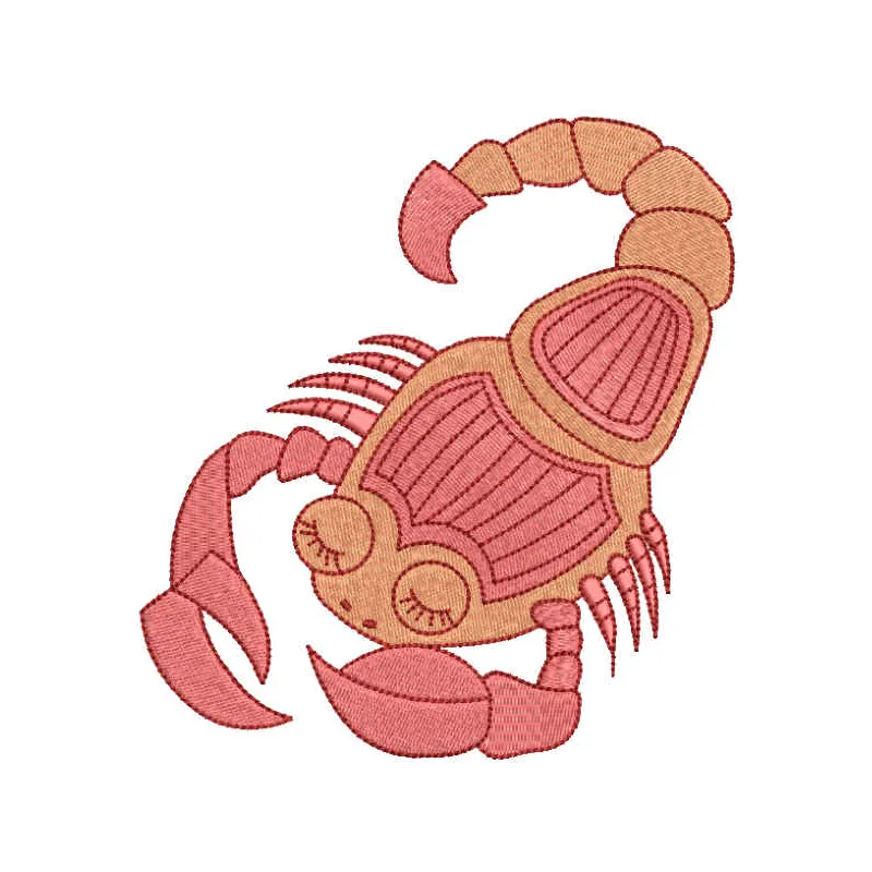 Vibrant red scorpion embroidery design showcased on a fabric background, perfect for insect-themed projects.