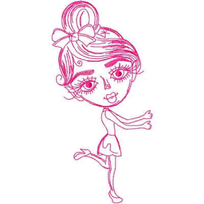Embroidery design preview of a stylish dancing girl, showcasing a one-colored stitched motif for women's apparel.