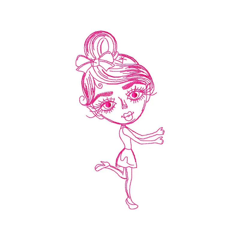 Embroidery design preview of a stylish dancing girl, showcasing a one-colored stitched motif for women's apparel.