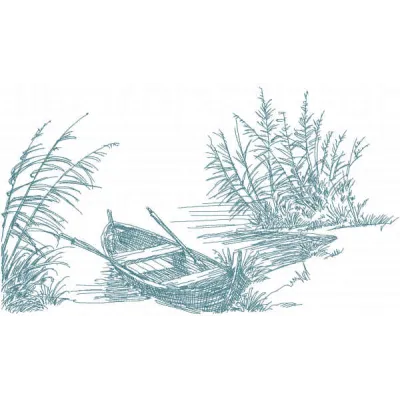 Embroidery design featuring a serene landscape on the river bank, showcasing autumn colors and nature's beauty.