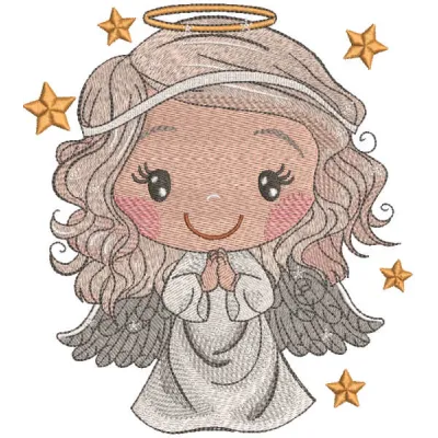 Embroidery design of a baby angel with a gold star, ideal for stitching on baby onesies or blankets.