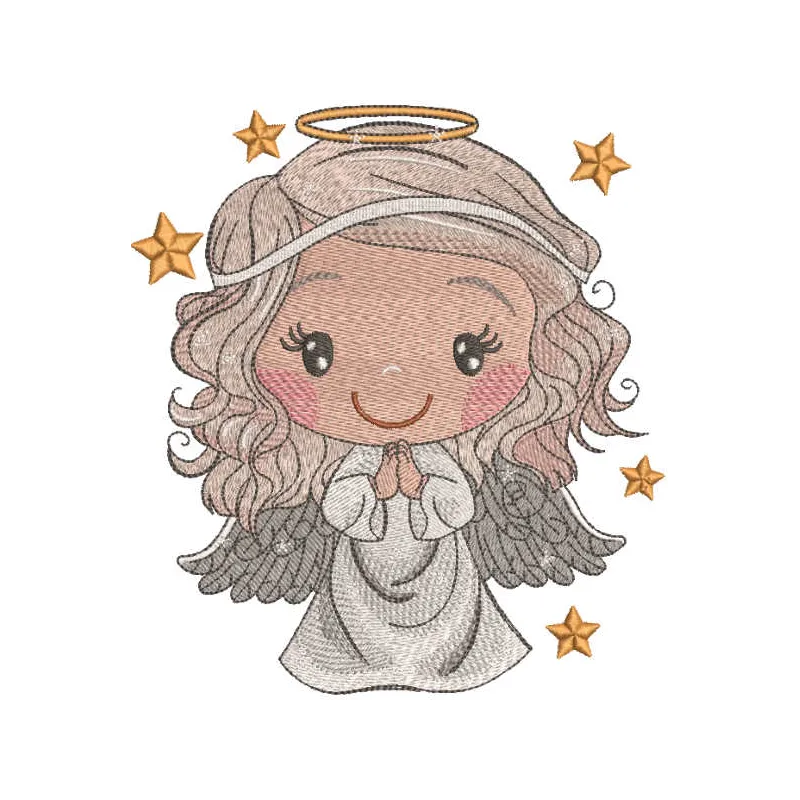 Embroidery design of a baby angel with a gold star, ideal for stitching on baby onesies or blankets.